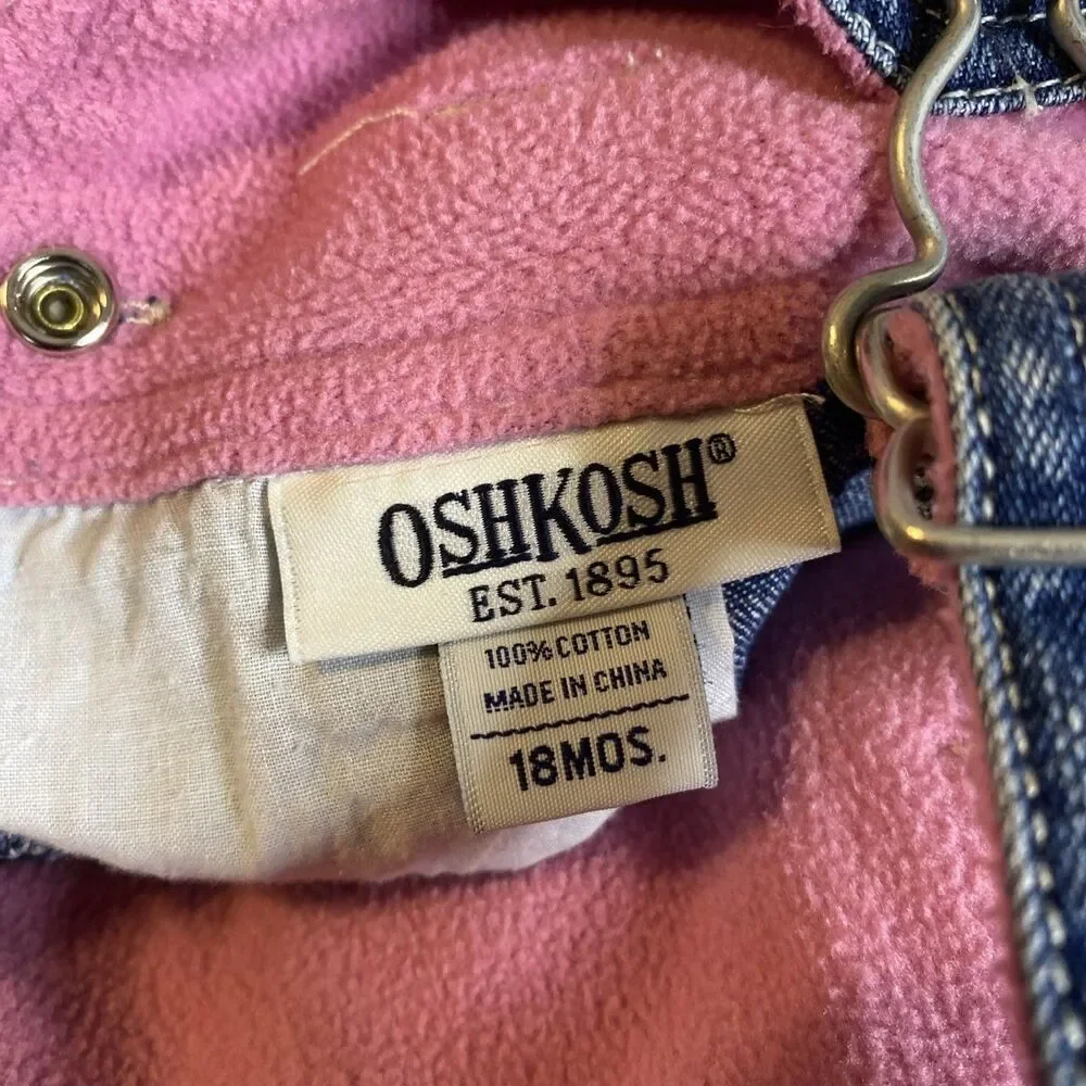 18 Month Osh Kosh B’gosh Denim Overall Vestbak Dress Fleece Lined Top Embroider